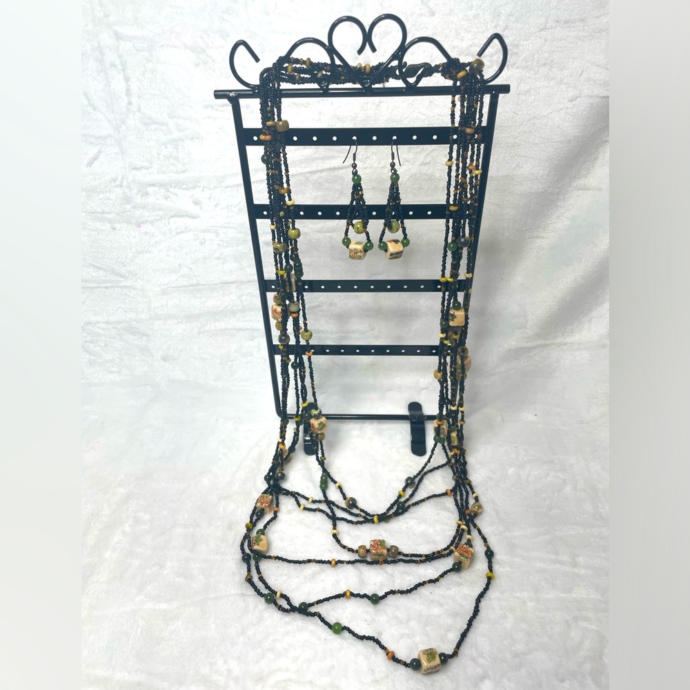 Handmade vintage Chinese Majong beaded necklace and earring set. 20” long.